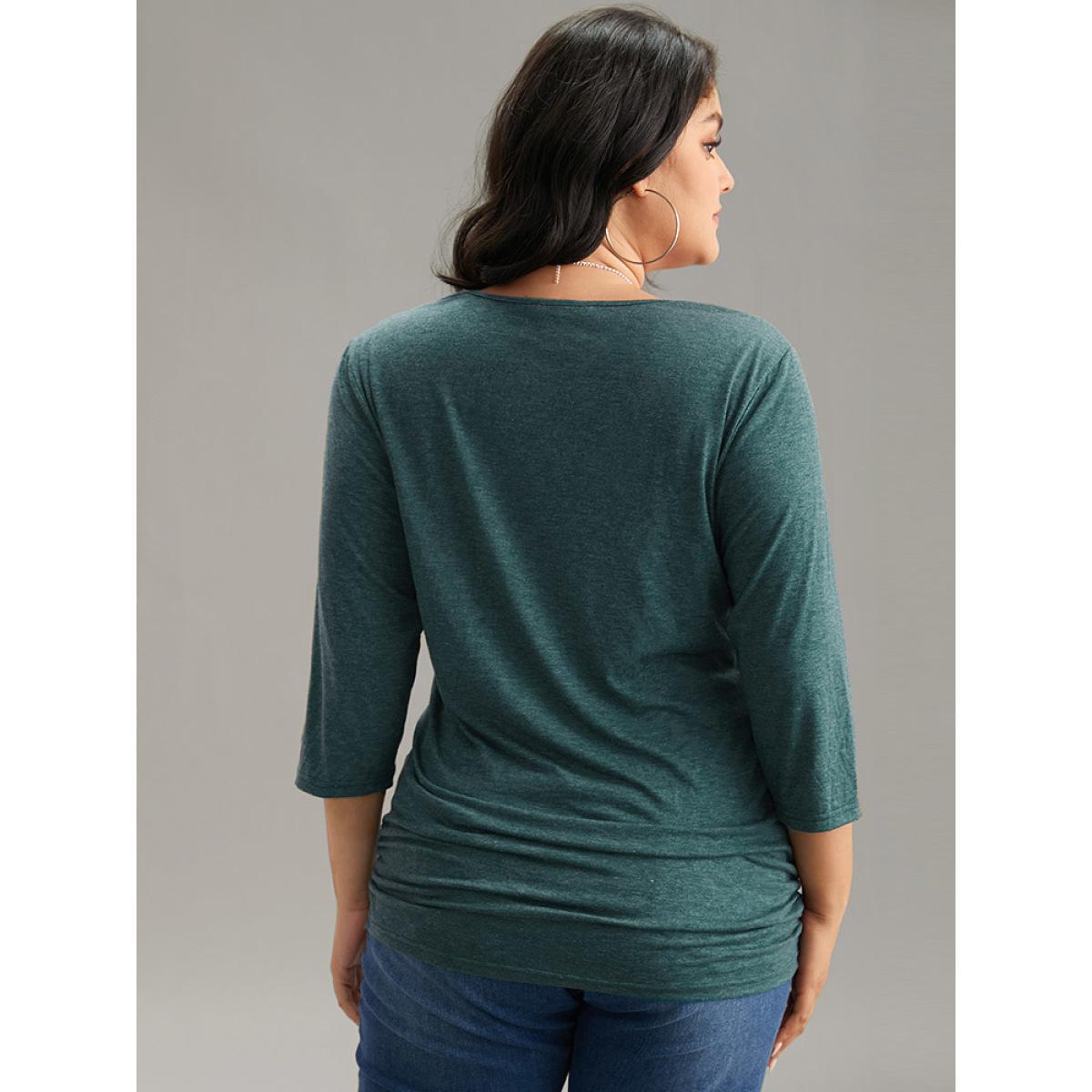 Plus Size Solid Gathered Contrast Lace V Neck T-shirt DarkGreen Women Elegant Gathered Plain V-neck Everyday T-shirts BloomChic 30/6X Product Image