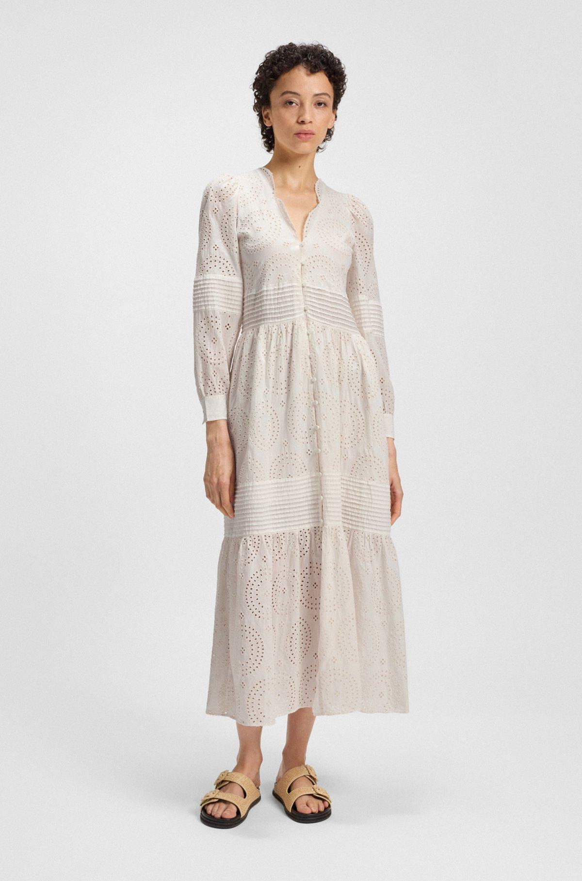 BOSS - Pleat-detail dress in cotton broderie - White Product Image