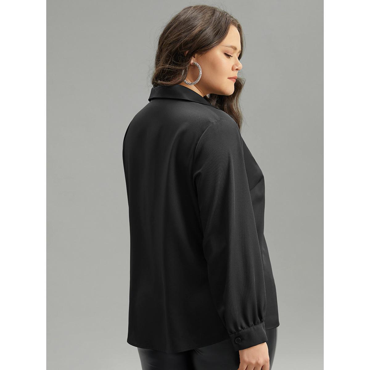 Plus Size Black Twill Rhinestone Contrast Webbing Button Through Blouse Women Glamour Long Sleeve Shirt collar Going out Blouses BloomChic 26/4X Product Image