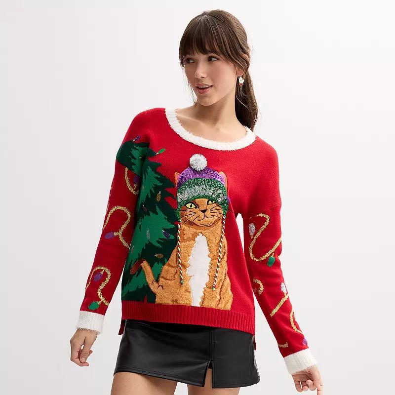Juniors Plus Jollidays 3D Holiday Sweater, Girl's, Size: 4XL, Red Cat Product Image