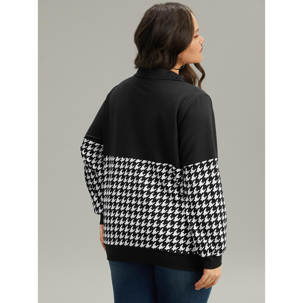 Plus Size Houndstooth Patchwork Half Zip Sweatshirt Women Black Casual Elastic cuffs Polo Dailywear Sweatshirts BloomChic 18-20/2X Product Image