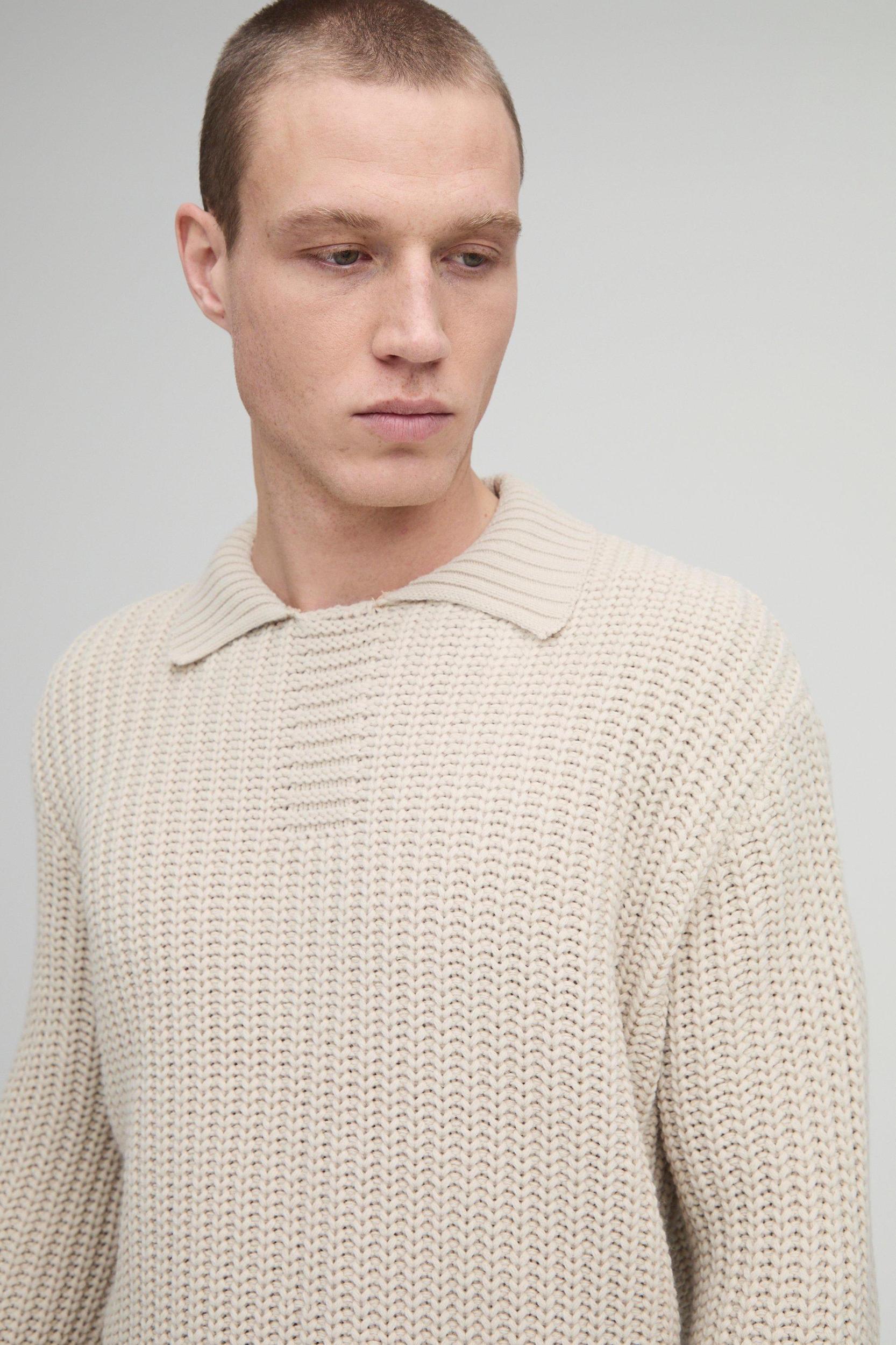 Oversized Chunky Placket Detail Knitted Polo | boohooMAN USA Product Image