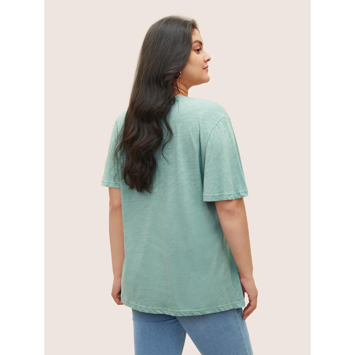 Plus Size Plain Ruffle Sleeve Heather V Neck T-shirt Mint Women Casual Plain V-neck Everyday T-shirts BloomChic 22-24/3X Product Image