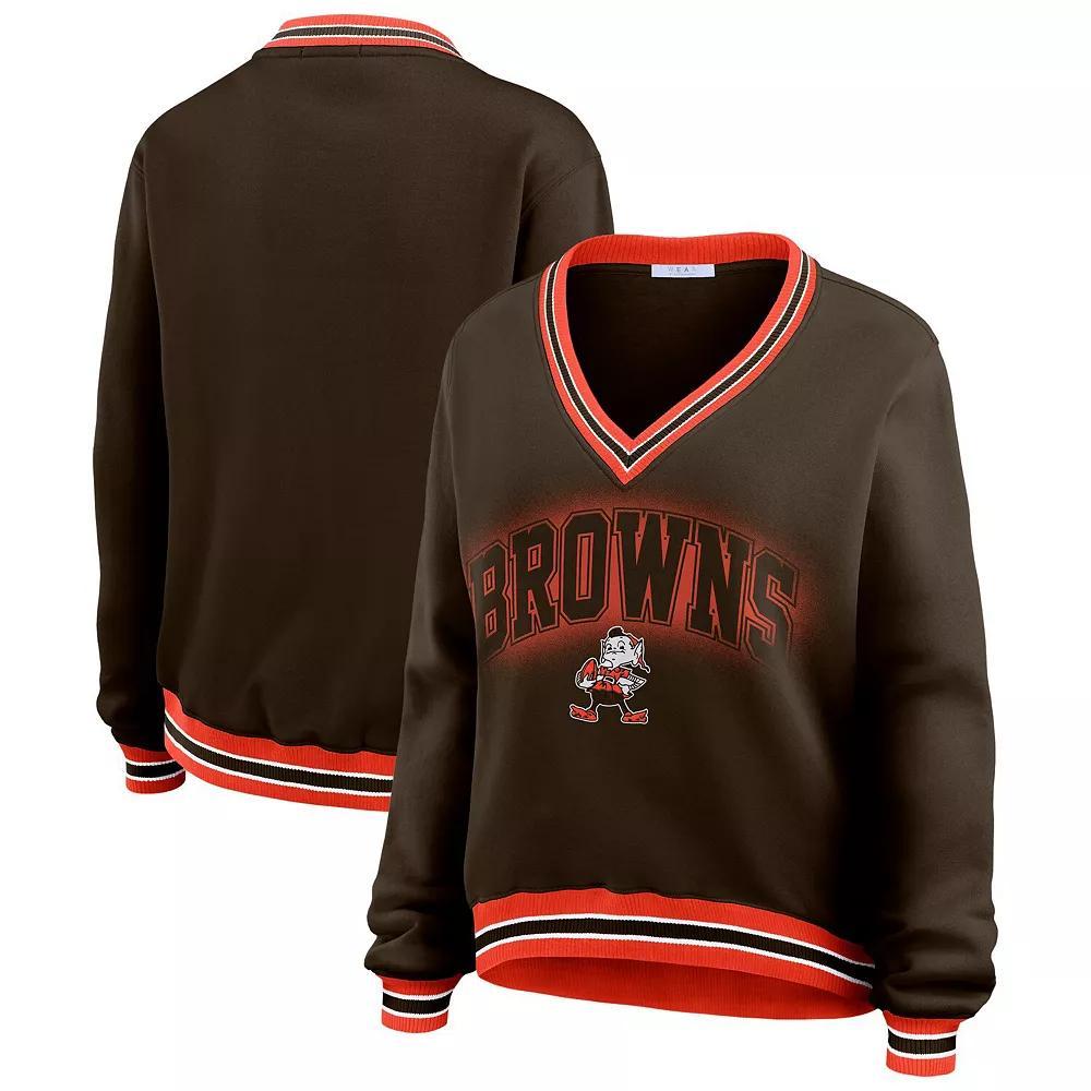 Women's WEAR by Erin Andrews Brown Cleveland Browns Oversized Long Sleeve V-Neck Sweatshirt, Size: Medium Product Image