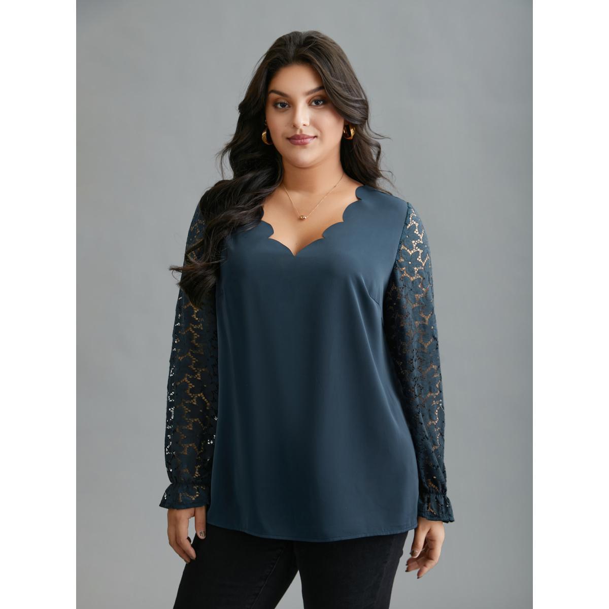 Plus Size Indigo Sheer Floral Sleeve Scalloped Neck Shirt Women Elegant Long Sleeve V-neck Everyday Blouses BloomChic 12/L Product Image