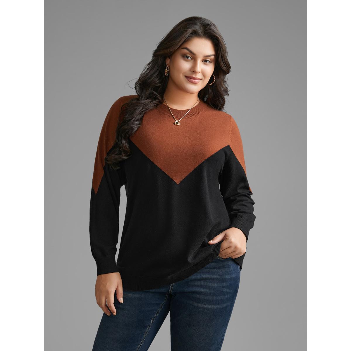 Plus Size Round Neck Contrast Patchwork Pullover Black Women Casual Loose Long Sleeve Round Neck Everyday Pullovers BloomChic 18-20/2X Product Image