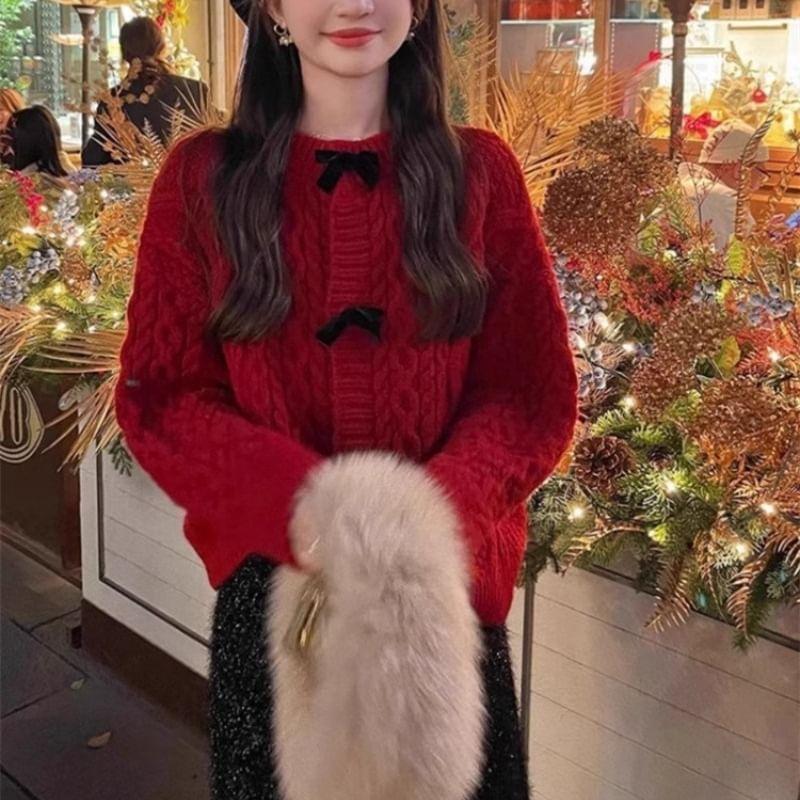Long Sleeve Bow Accent Cable-Knit Loose-Fit Cardigan Product Image