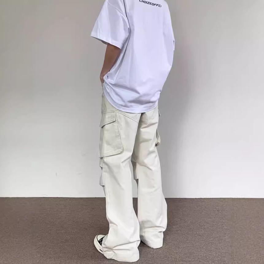 High Waist Plain Pocket Straight-Fit Wide-Leg Cargo Pants Product Image