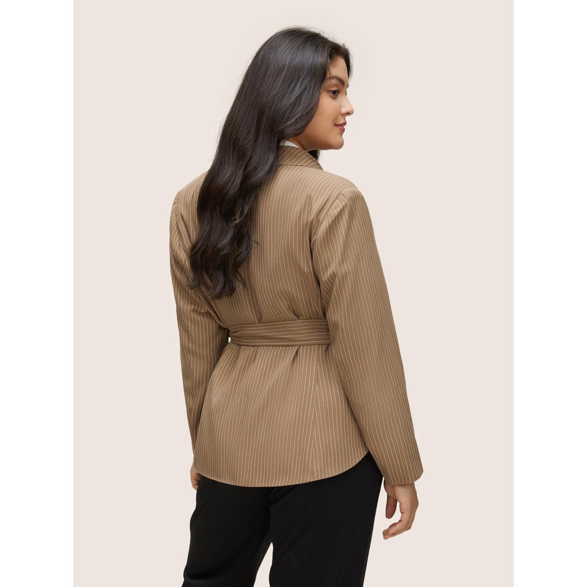 Plus Size Striped Asymmetrical Hem Belted Flap Pocket Blazer Bronze Women Work Striped Non Sleeve Long Sleeve Suit Collar 30/6X Open pocket with flap Belt At the Office Blazers BloomChic Product Image