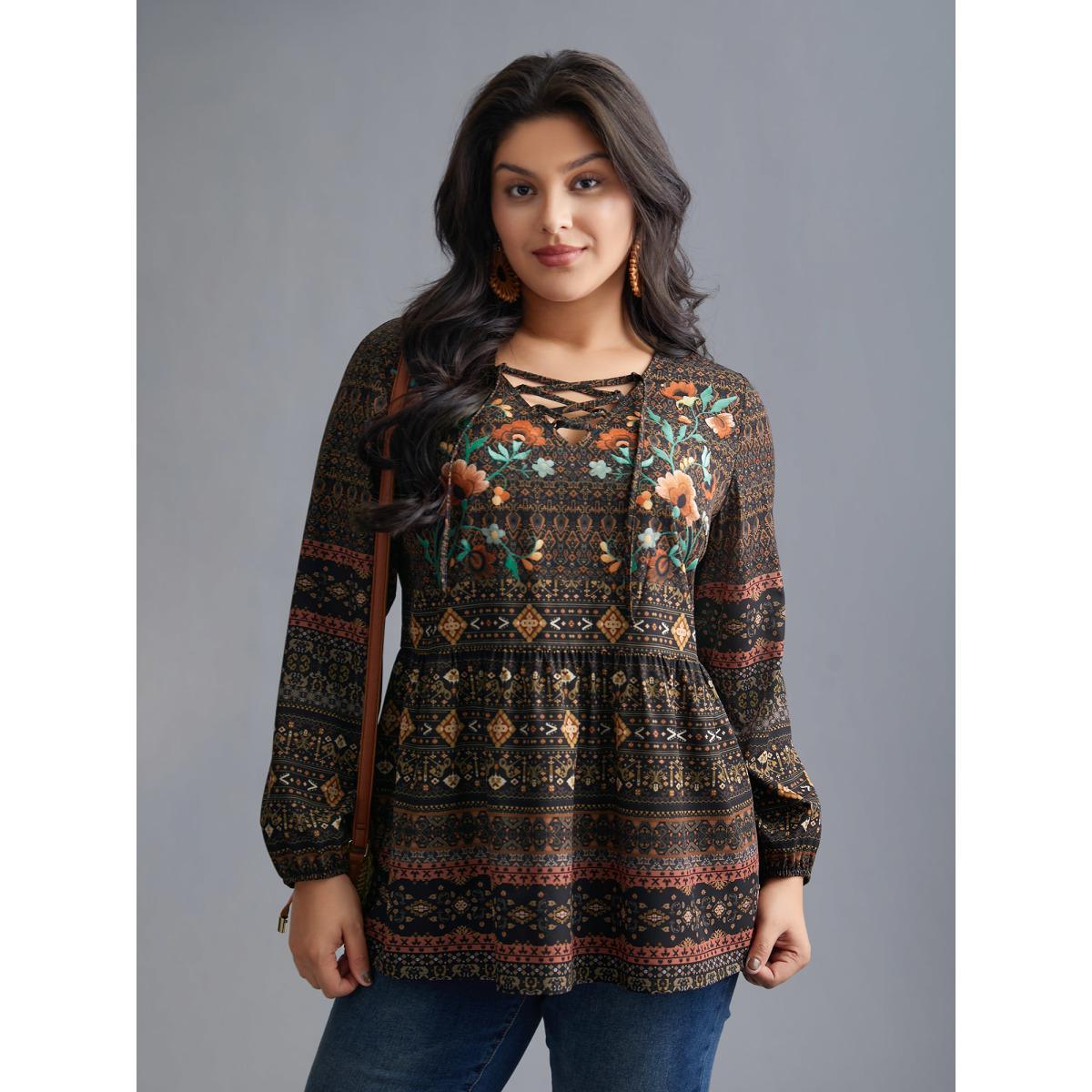 Plus Size DarkBrown Floral Bandana Crisscross Blouse Women Resort Extra Long Sleeve V-neck Vacation Blouses BloomChic 12/L Product Image