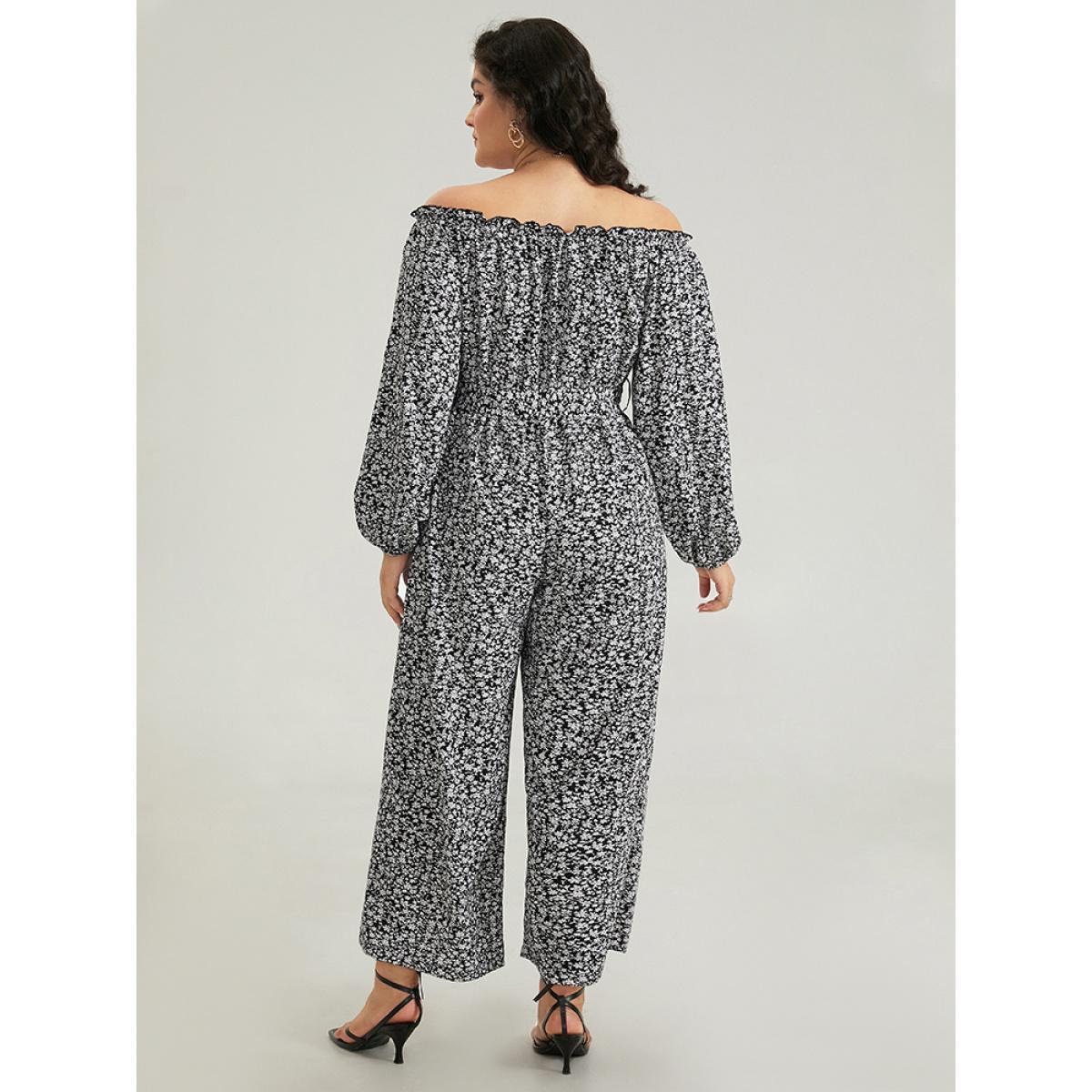 Plus Size Black Ditsy Floral Off Shoulder Pocket Belted Jumpsuit Women Elegant Long Sleeve One-shoulder neck Dailywear Loose Jumpsuits BloomChic 12/L Product Image