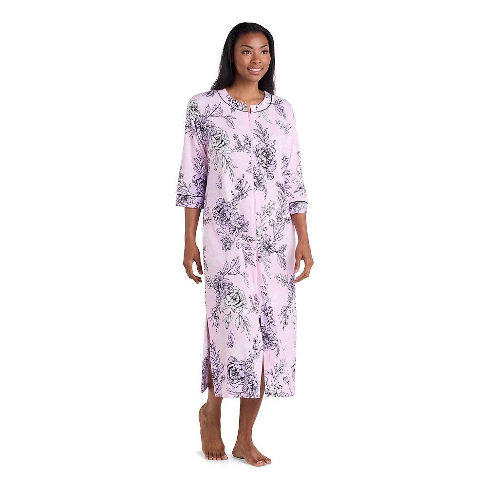 Petite Miss Elaine Essentials Interlock Knit Long Zip Robe, Women's, Size: Medium Petite, Pink Print Product Image