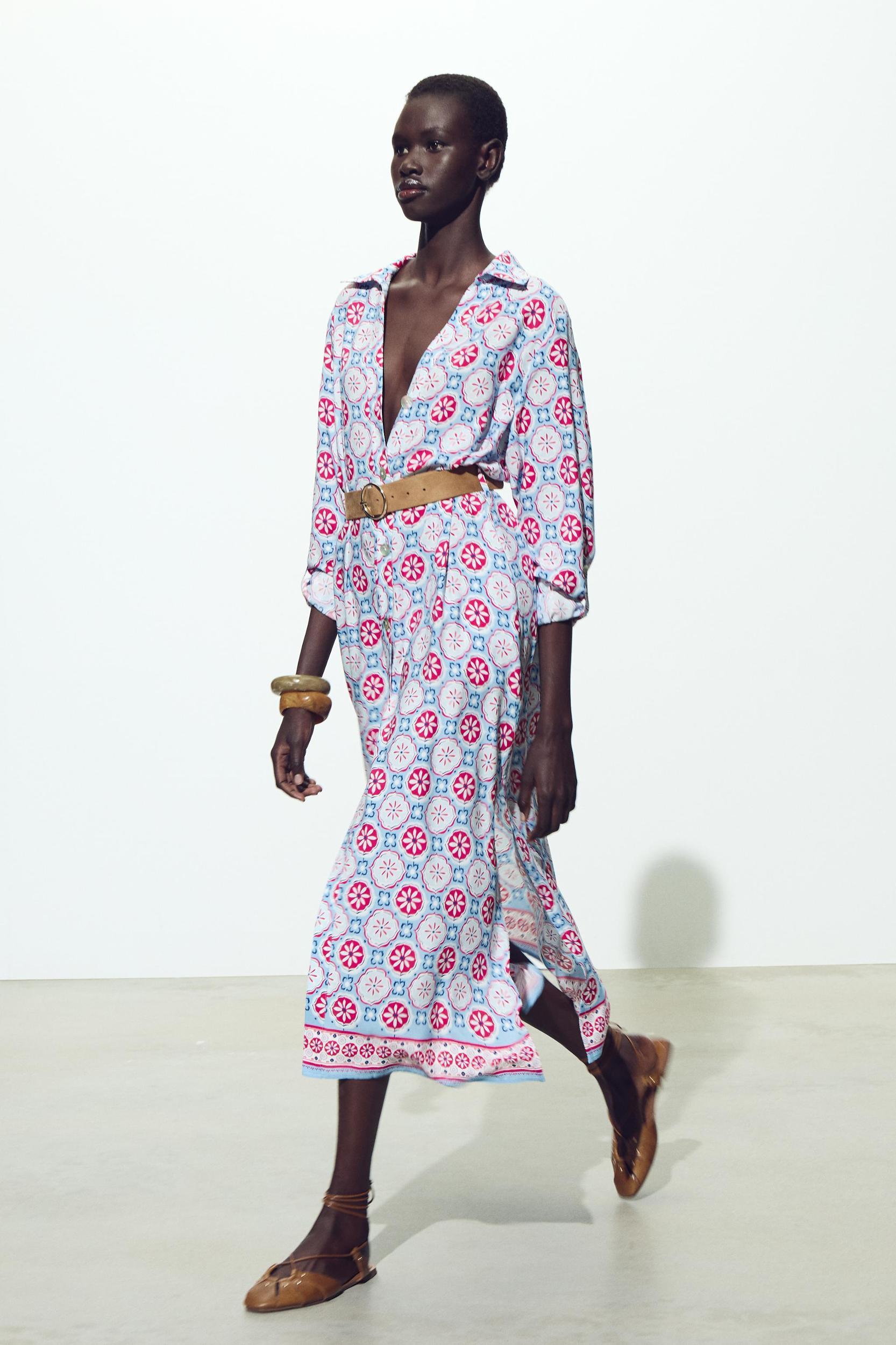 BELTED PRINT MIDI DRESS Product Image