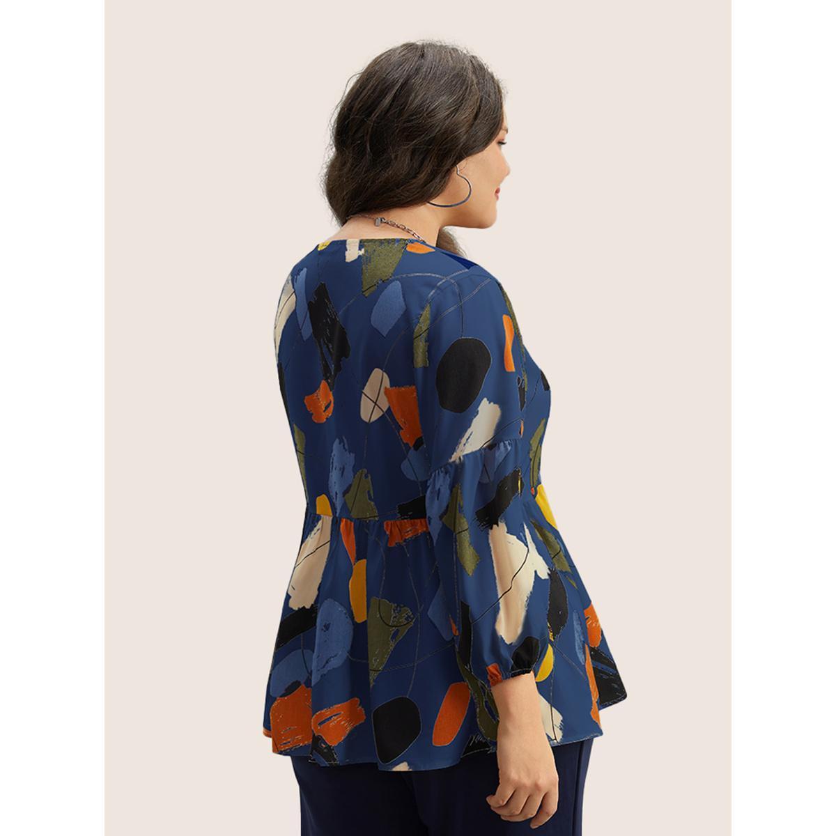 Plus Size Navy Brush Print Button Detail Elastic Cuffs Blouse Women Casual Long Sleeve V-neck Everyday Blouses BloomChic 10/M Product Image