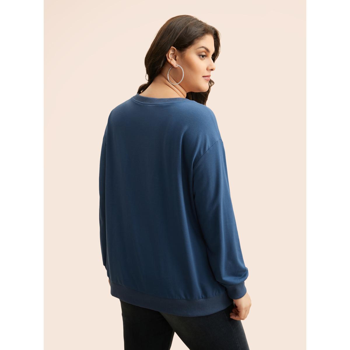 Plus Size Floral Print Drop Shoulder Sleeve Sweatshirt Women Navy Casual Patchwork Loose Round Neck Everyday Sweatshirts BloomChic 12/L Product Image