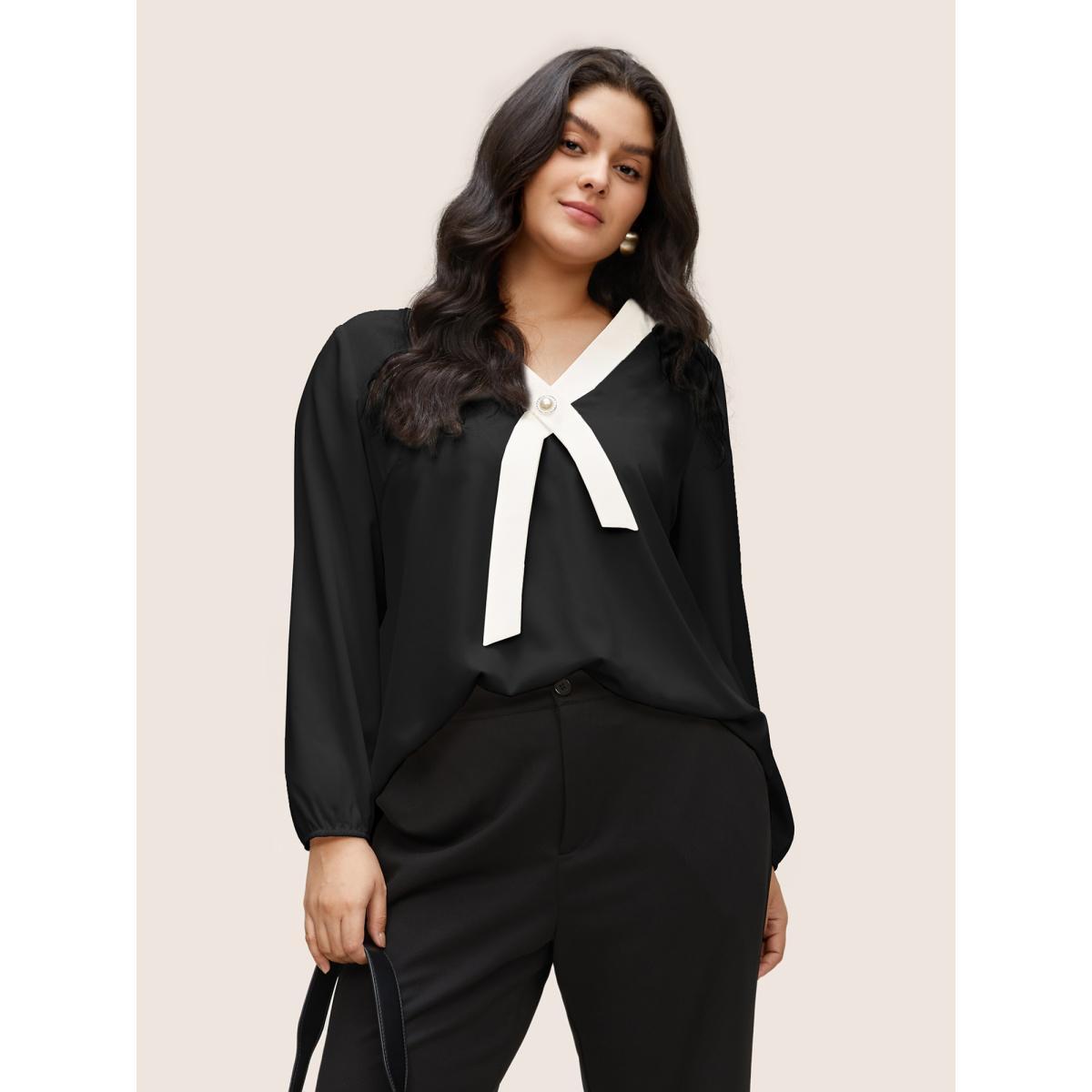 Plus Size Black Contrast Pearl Decor Tie Decoration Blouse Women At the Office Long Sleeve V-neck Work Blouses BloomChic 28/5X Product Image