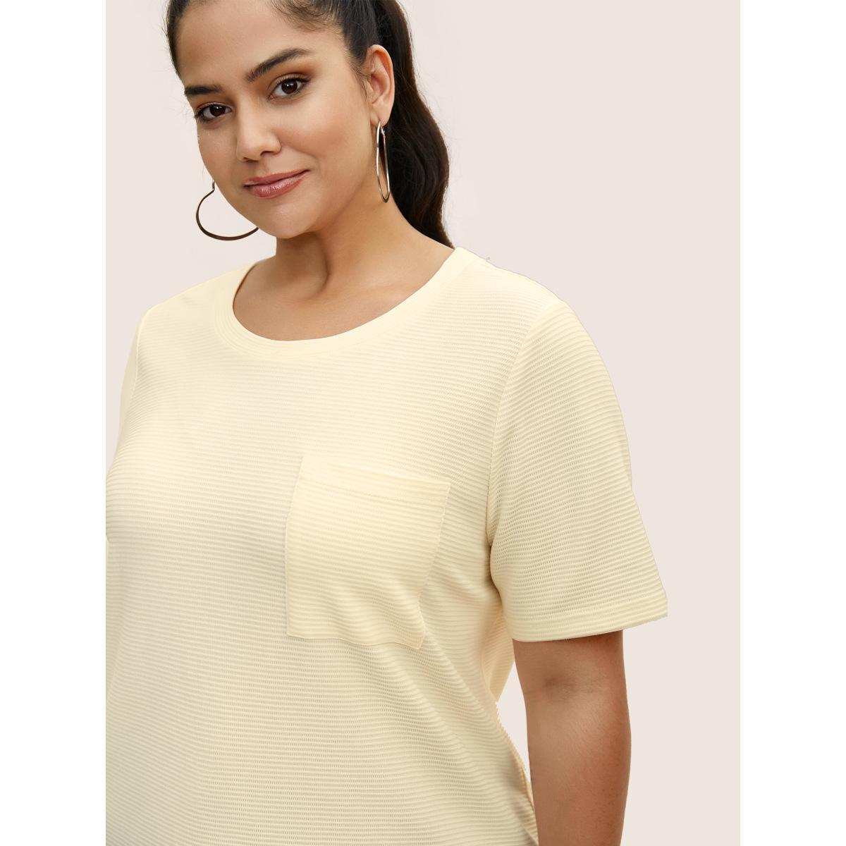Plus Size Solid Waffle Knit Patched Pocket T-shirt Beige Women Casual Texture Round Neck Everyday T-shirts BloomChic 10/M Product Image