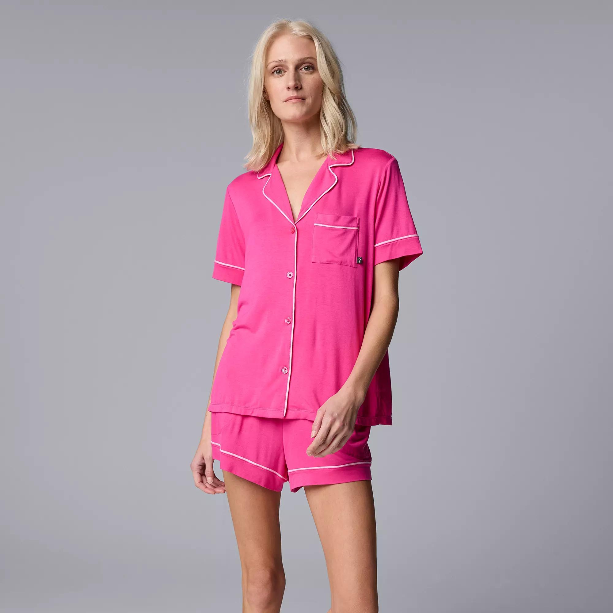 Women's Simply Vera Vera Wang Luxury Notched Collar Top & Boxer Shorts Pajama Set, Size: Medium, Pink Pink Product Image