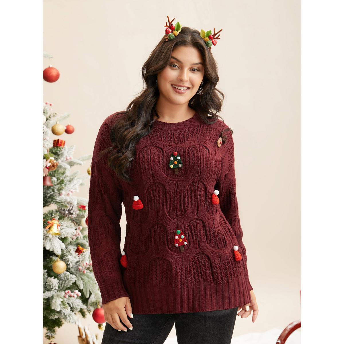 Plus Size Tis The Season Motifs Cable Knit Pullover Scarlet Women Casual Loose Long Sleeve Round Neck Everyday Pullovers BloomChic 14-16/1X Product Image