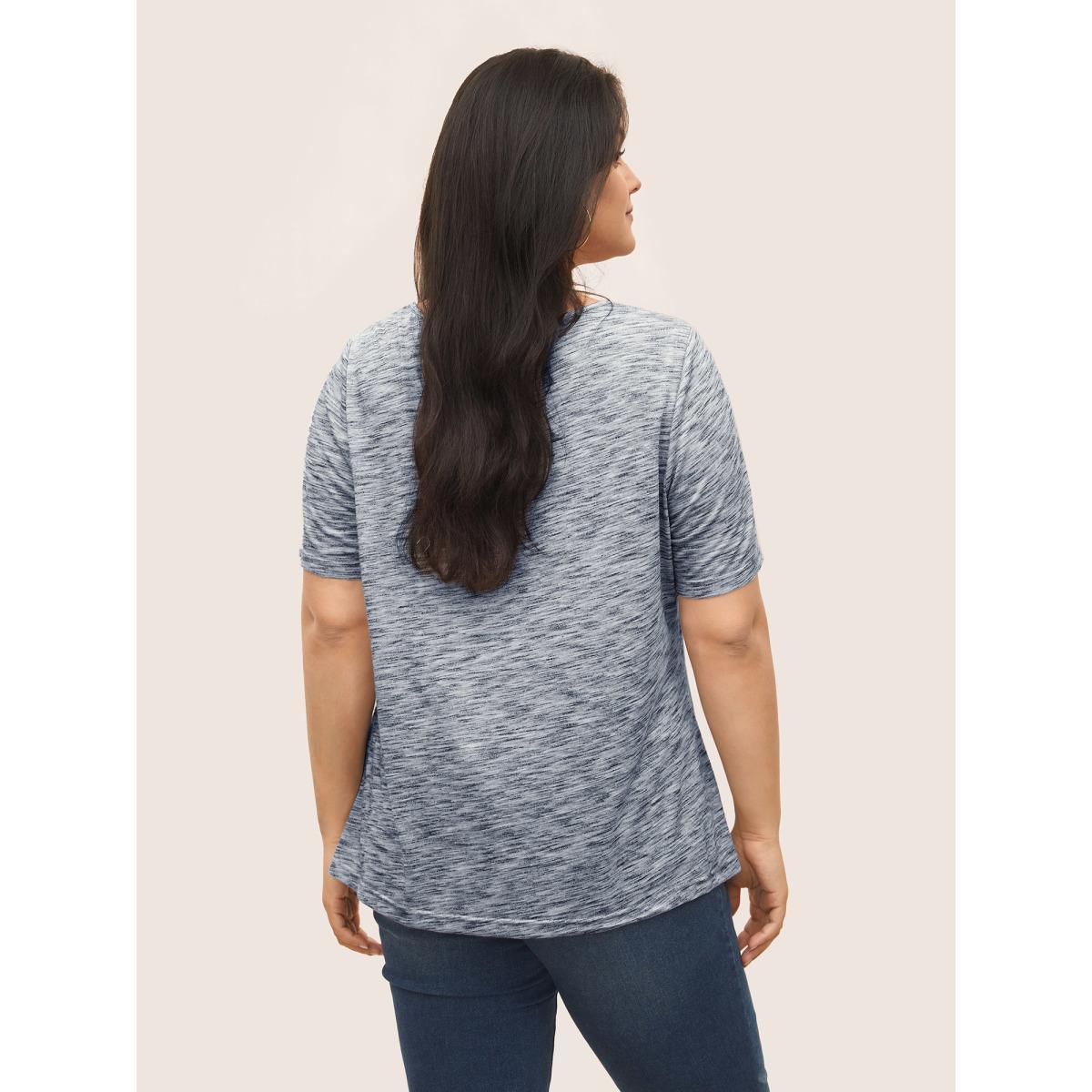 Plus Size Round Neck Heather Pleated Button Detail T-shirt DarkBlue Women Casual Button Plain Round Neck Everyday T-shirts BloomChic 12/L Product Image