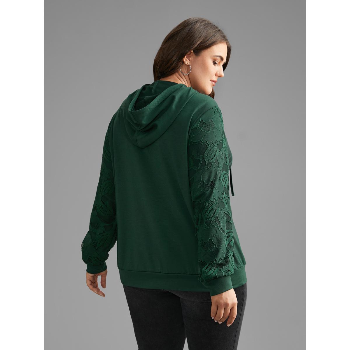 Plus Size Lace Patchwork Pocket Hooded Drawstring Sweatshirt Women DarkGreen Casual Patchwork Hooded Everyday Sweatshirts BloomChic 22-24/3X Product Image