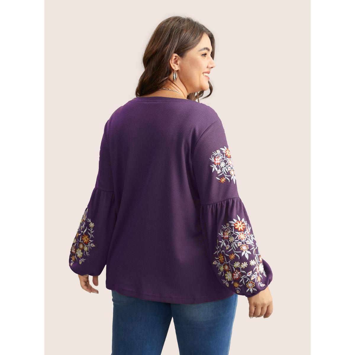Plus Size Waffle Knit Floral Embroidered Lantern Sleeve T-shirt Mauve Women Elegant Texture Floral Round Neck Everyday T-shirts BloomChic 26/4X Product Image