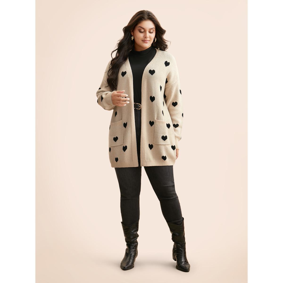 Plus Size Heart-shaped Pattern Patch Pocket Cardigan Apricot Women Basics Loose Long Sleeve Everyday Cardigans BloomChic 26/4X Product Image