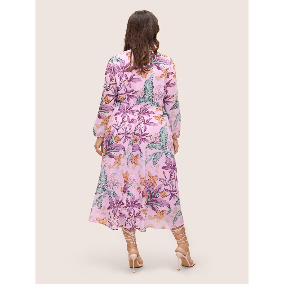 Plus Size Chiffon Floral Print Beaded Detail Elastic Cuffs Dress Lilac Women Elegant Non V-neck Long Sleeve Curvy Midi Dress BloomChic 14-16/1X Product Image