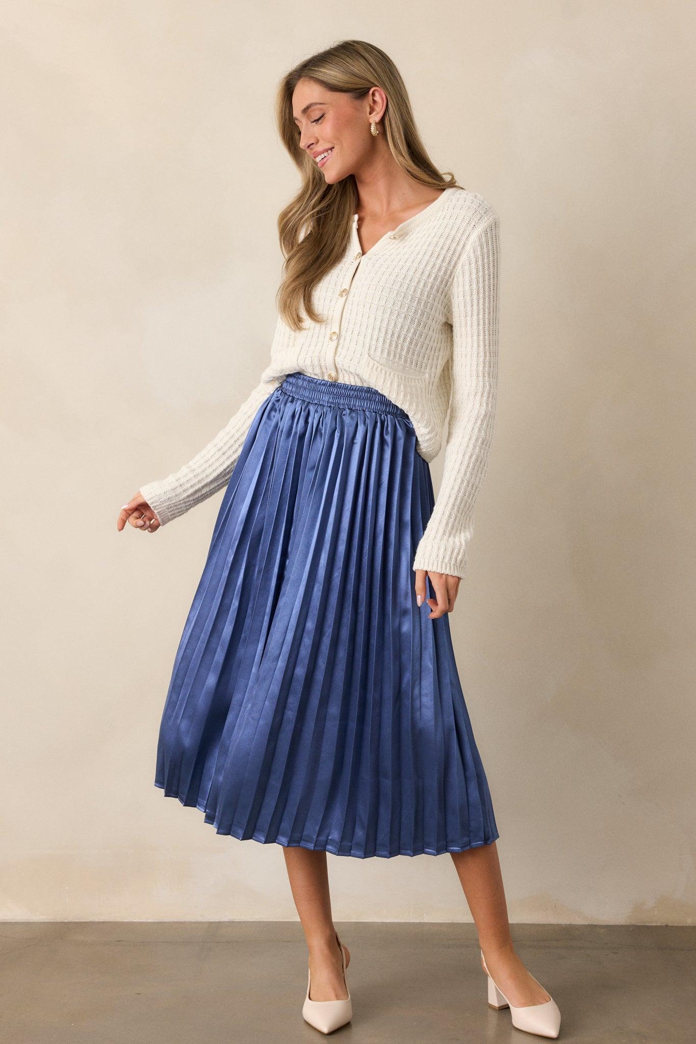 Lost In The Stars Dusty Blue Pleated Midi Skirt Product Image