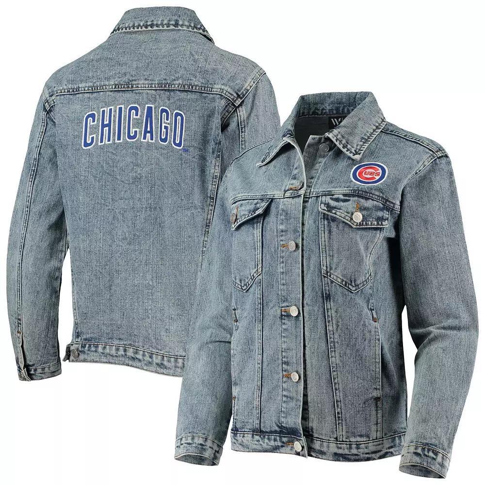 Women's The Wild Collective Chicago Cubs Team Patch Denim Button-Up Jacket, Size: Medium, Blue Product Image