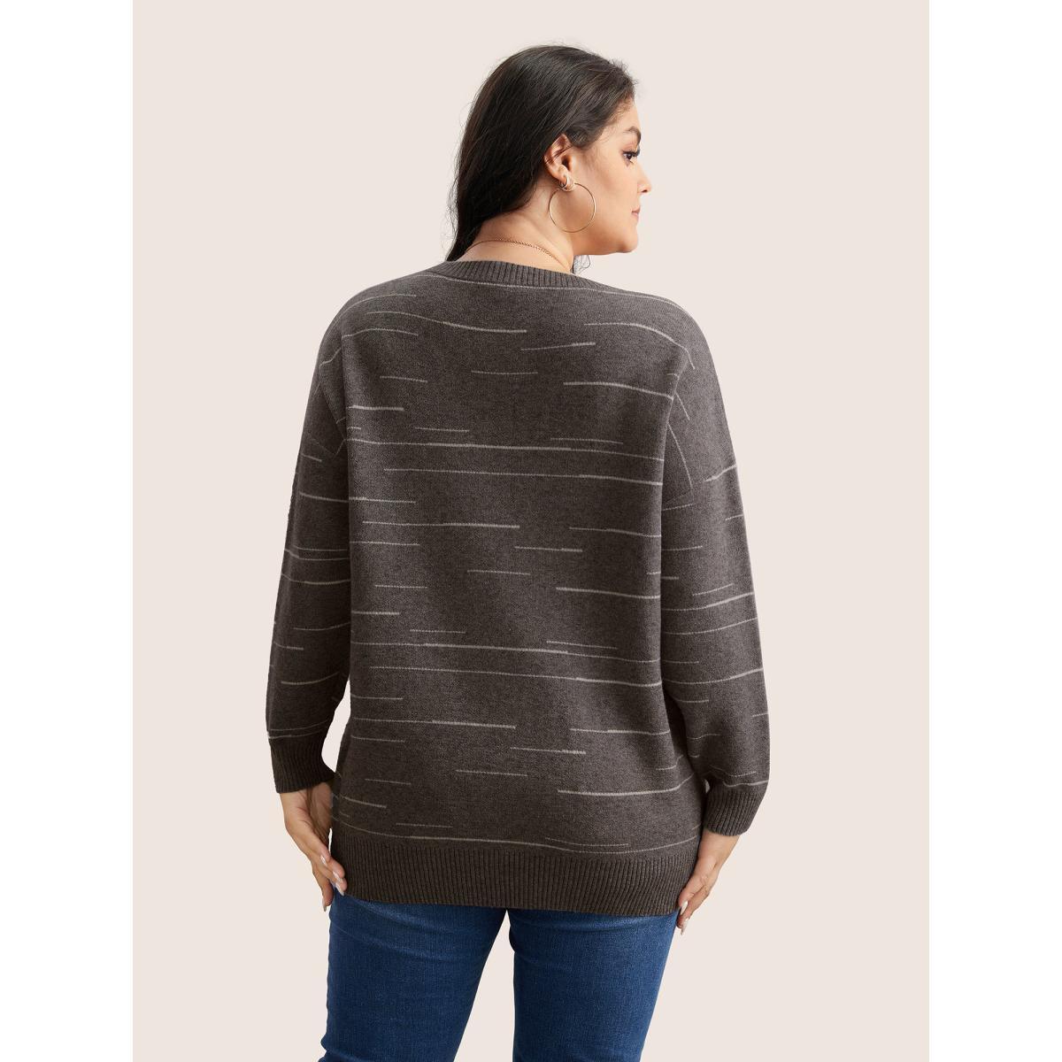 Plus Size Supersoft Essentials Asymmetrical Striped Round Neck Pullover DarkBrown Women Casual Long Sleeve Round Neck Everyday Pullovers BloomChic 14-16/1X Product Image