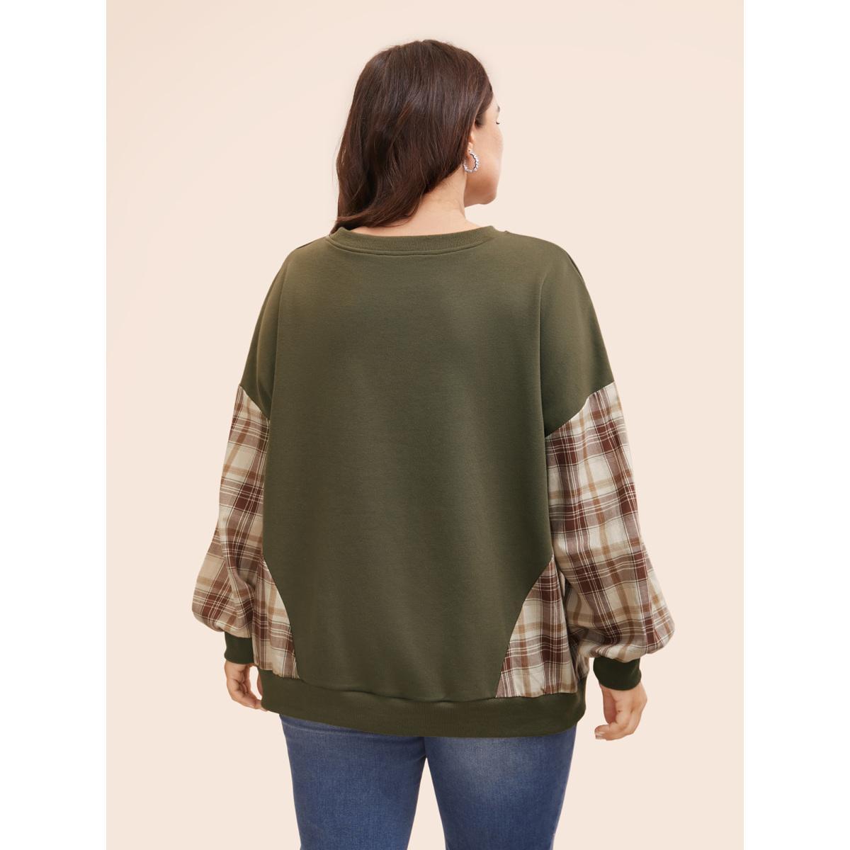 Plus Size Round Neck Gingham Patchwork Sweatshirt Women Sage Elegant Contrast Round Neck Everyday Sweatshirts BloomChic 18-20/2X Product Image