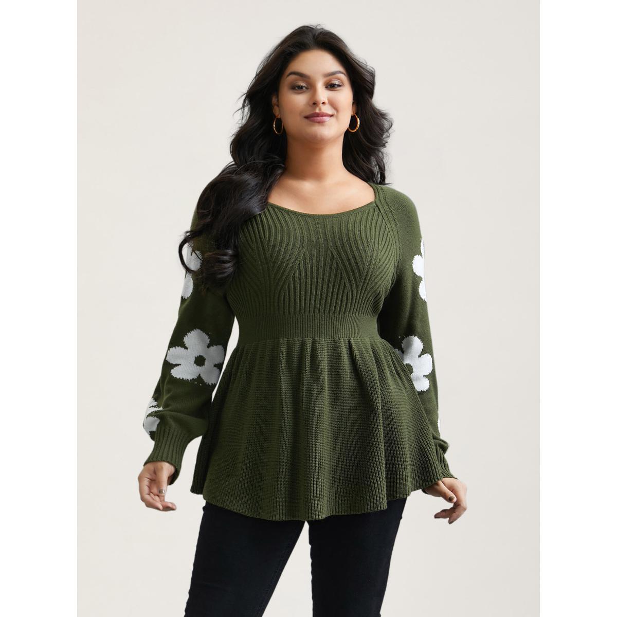 Plus Size Floral Patch Jacquard Cinched Waist Pullover ArmyGreen Women Elegant Bodycon Long Sleeve Square Neck Everyday Pullovers BloomChic 12/L Product Image