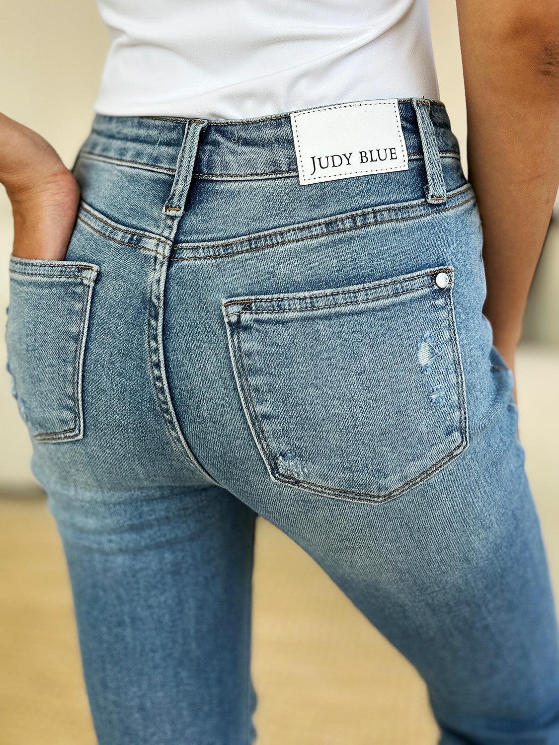 Judy Blue Full Size Mid Rise Destroyed Hem Distressed Jeans Product Image