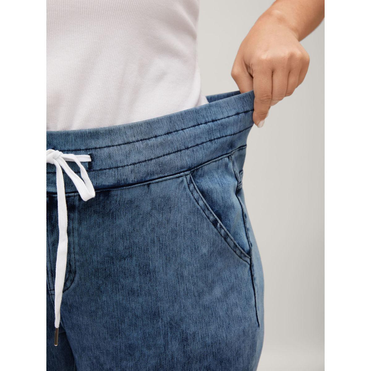 Plus Size Stretchy Waist-Tie Skinny-Fit Jeans Women Midblue High stretch Slanted pocket Jeans BloomChic 22/3X Product Image