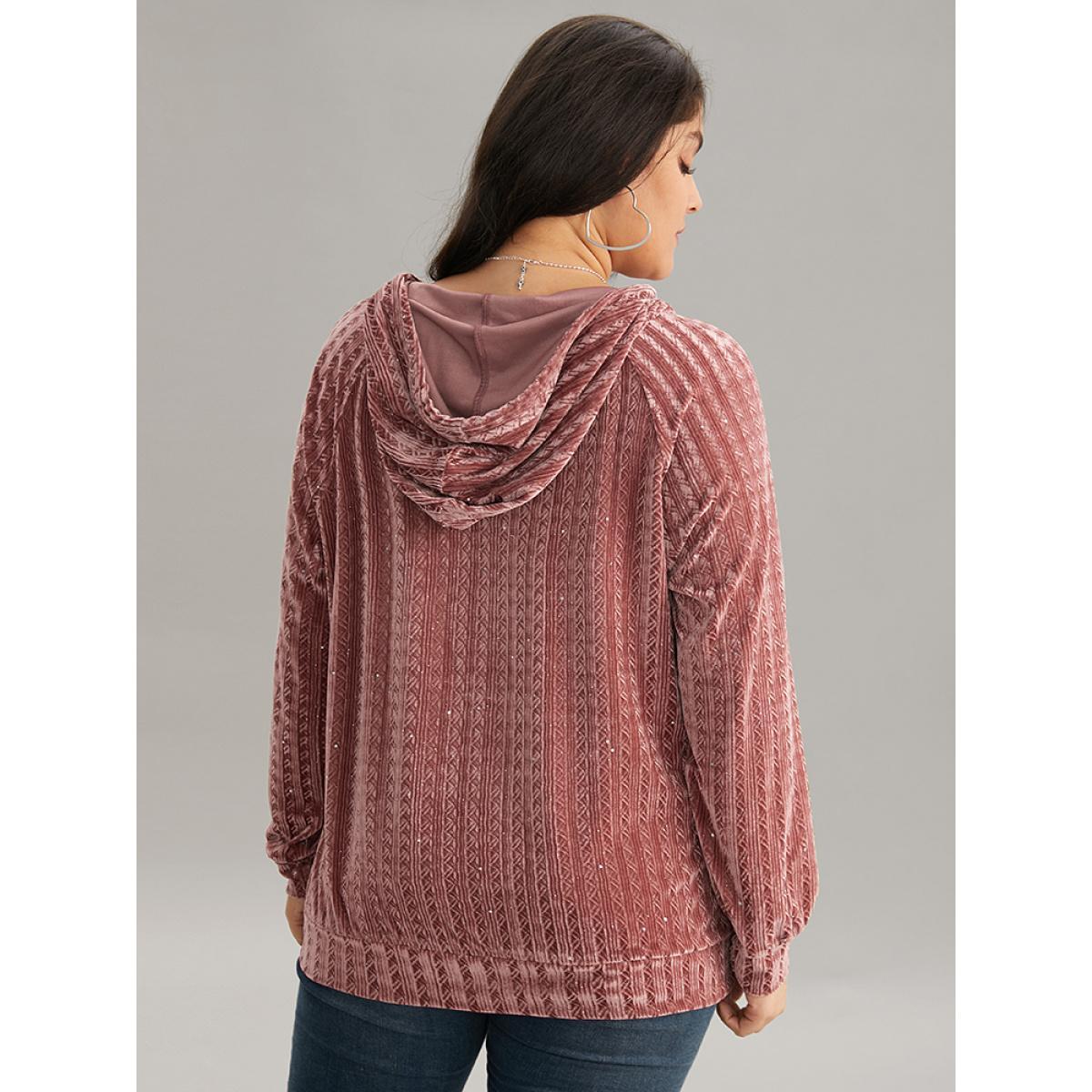 Plus Size Textured Sequin Velvet Half Zip Pocket Sweatshirt Women DustyPink Casual Velvet Hooded Everyday Sweatshirts BloomChic 26/4X Product Image