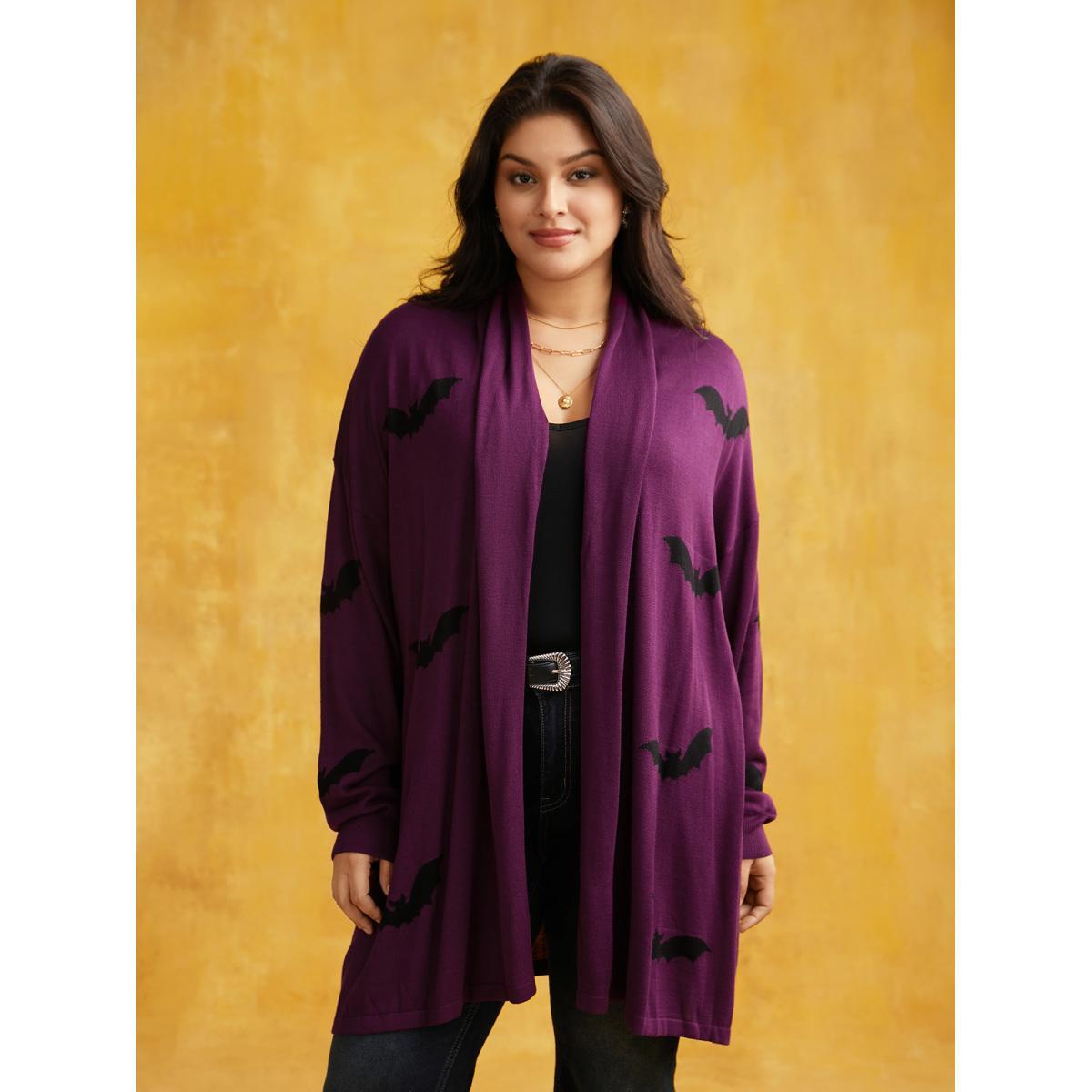 Plus Size Supersoft Essentials Halloween Bat Pattern Lapel Collar Cardigan Rust Women Casual Loose Long Sleeve Festival-Halloween Cardigans BloomChic 14-16/1X Product Image