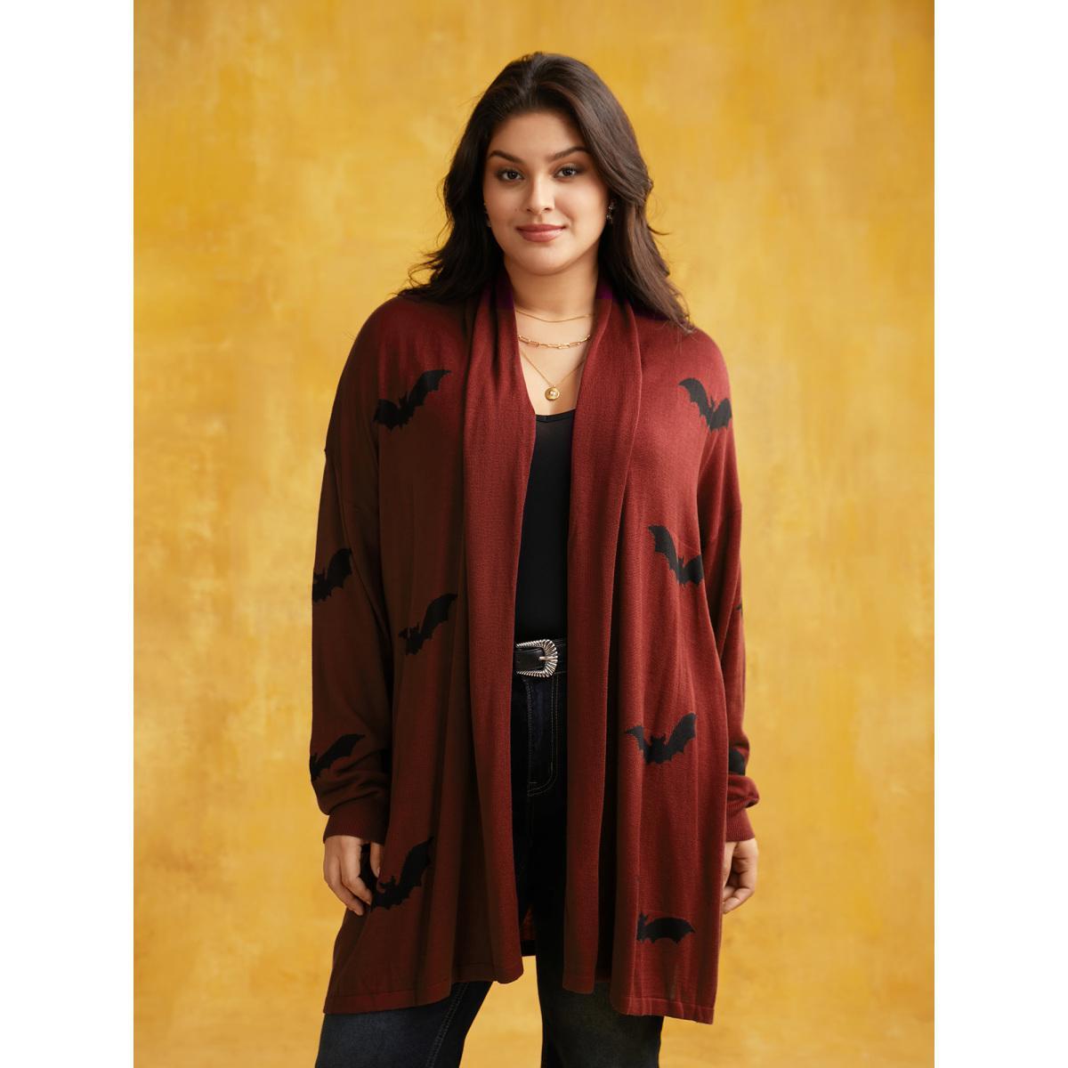 Plus Size Supersoft Essentials Halloween Bat Pattern Lapel Collar Cardigan Rust Women Casual Loose Long Sleeve Festival-Halloween Cardigans BloomChic 14-16/1X Product Image