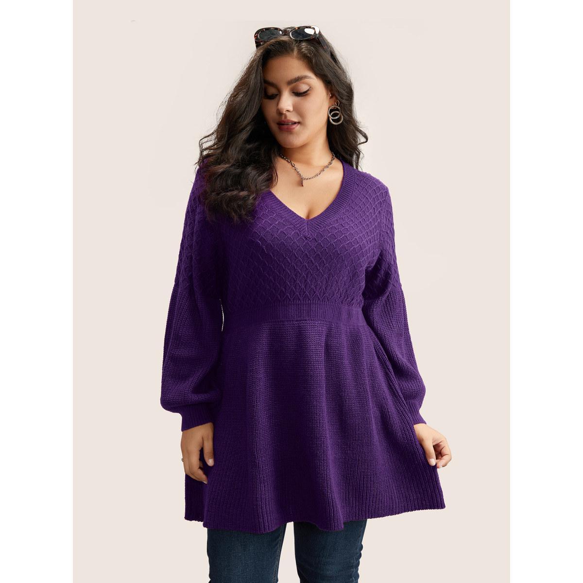 Plus Size Plain Plisse Lantern Sleeve A Line Pullover Eggplant Women Elegant Long Sleeve V-neck Everyday Pullovers BloomChic 10/M Product Image