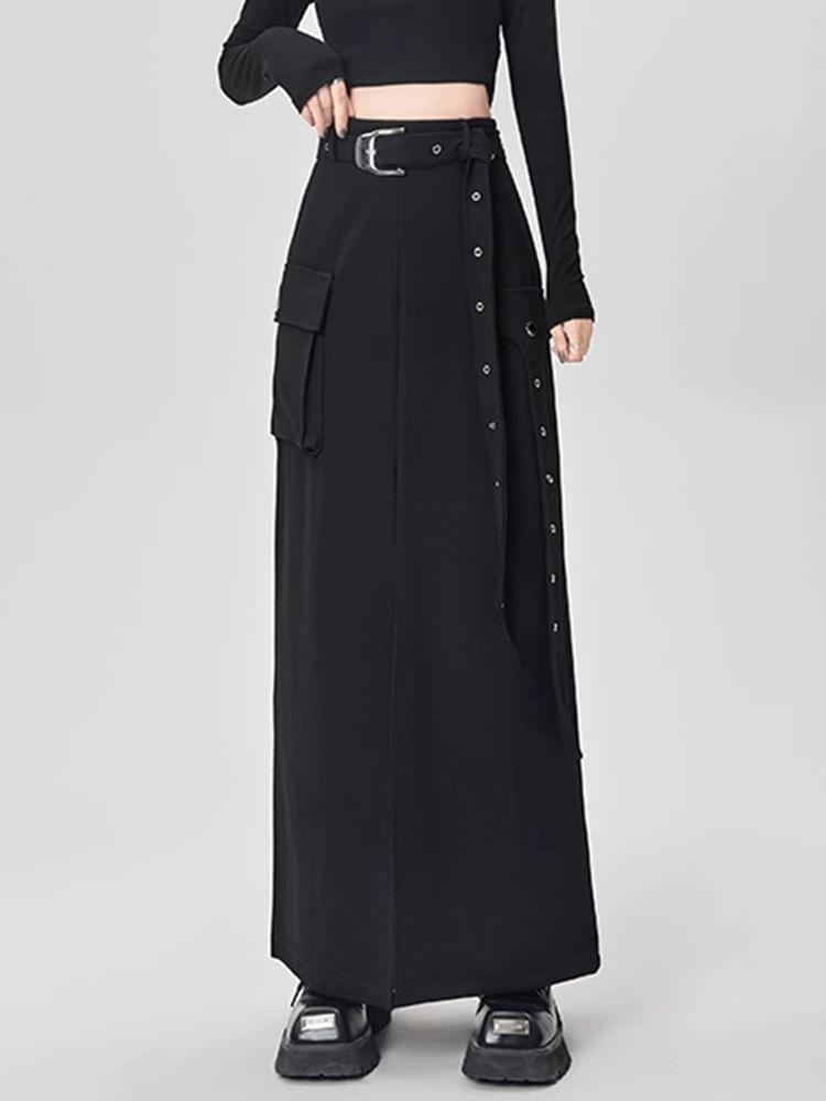 High Rise Plain Side Slit Maxi A-Line Skirt Product Image