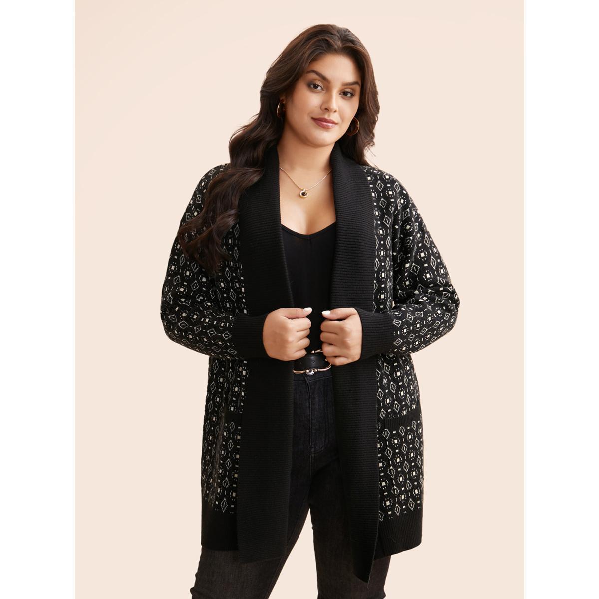 Plus Size Supersoft Essentials Geometric Jacquard Drop Shoulder Cardigan Black Women Casual Loose Long Sleeve Everyday Cardigans BloomChic 14-16/1X Product Image