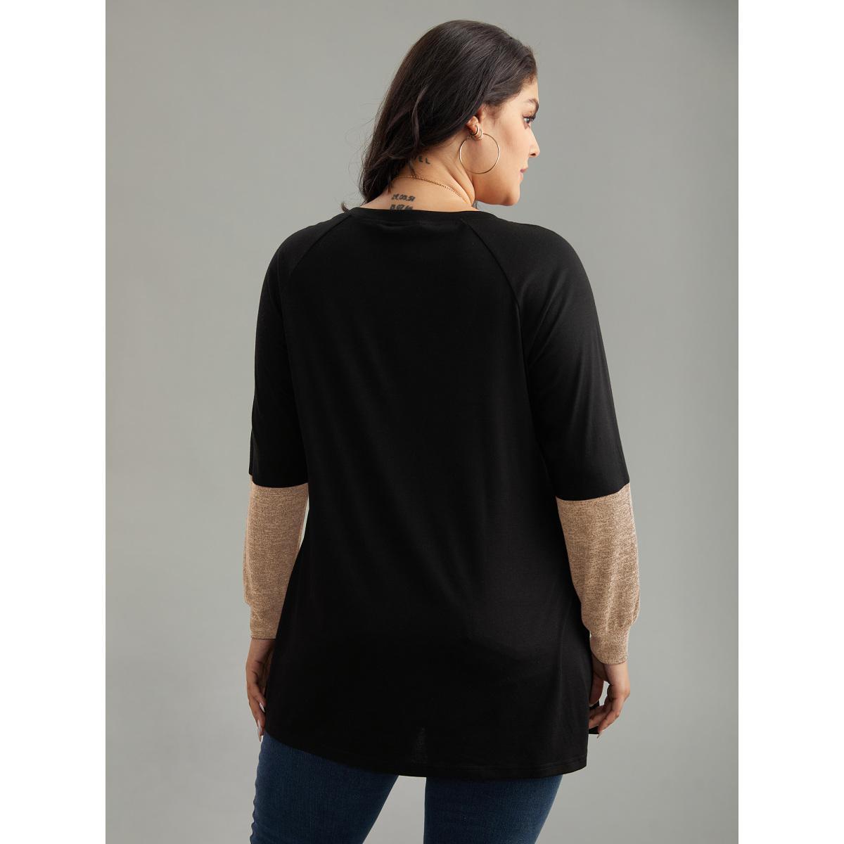 Plus Size Two Tone Patchwork Heather Arc Hem T-shirt Tan Women Casual Contrast Plain Round Neck Dailywear T-shirts BloomChic 26/4X Product Image