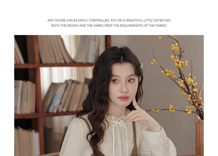 Set: Long-Sleeve Leaf Embroidered Shirt + V-Neck Ribbed Knit Camisole Top Product Image