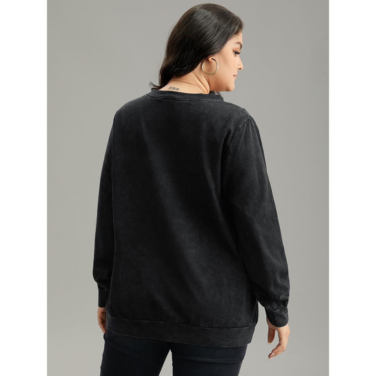 Plus Size Solid Letter Print Crew Neck Sweatshirt Women Black Casual Printed Dailywear Sweatshirts BloomChic 26/4X Product Image