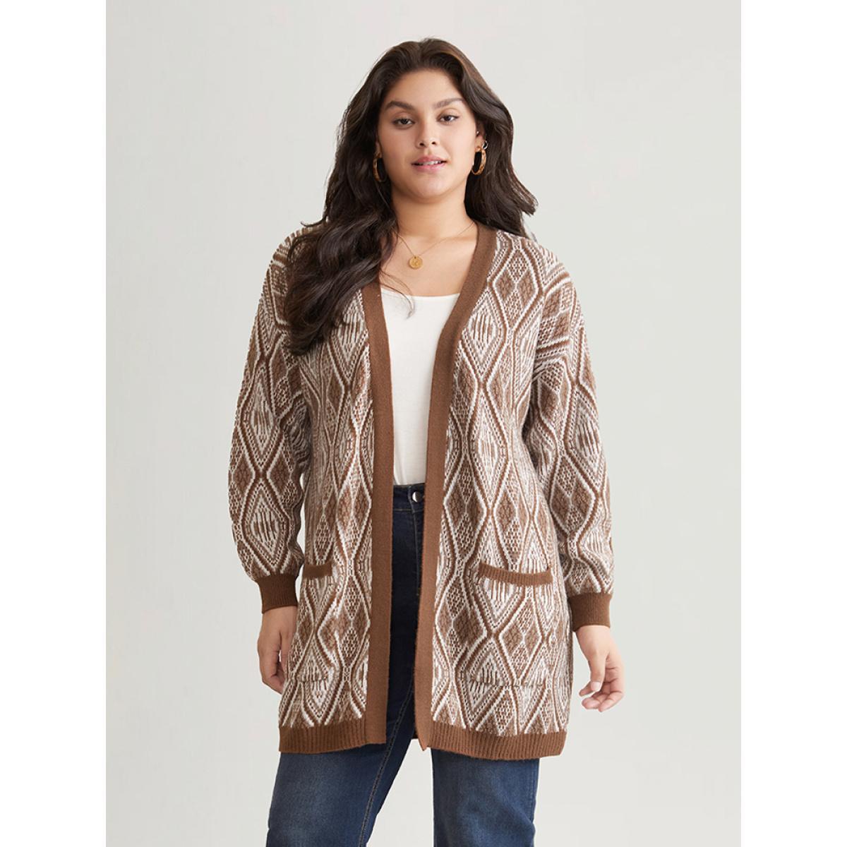 Plus Size Geometric Graphic Patched Pocket Jacquard Cardigan DarkBrown Women Casual Loose Long Sleeve Dailywear Cardigans BloomChic 30/6X Product Image