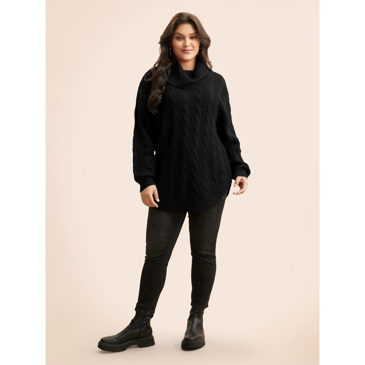 Plus Size Turtleneck Cable Knit Curved Hem Pullover Black Women Casual Loose Long Sleeve Turtleneck Everyday Pullovers BloomChic 18-20/2X Product Image