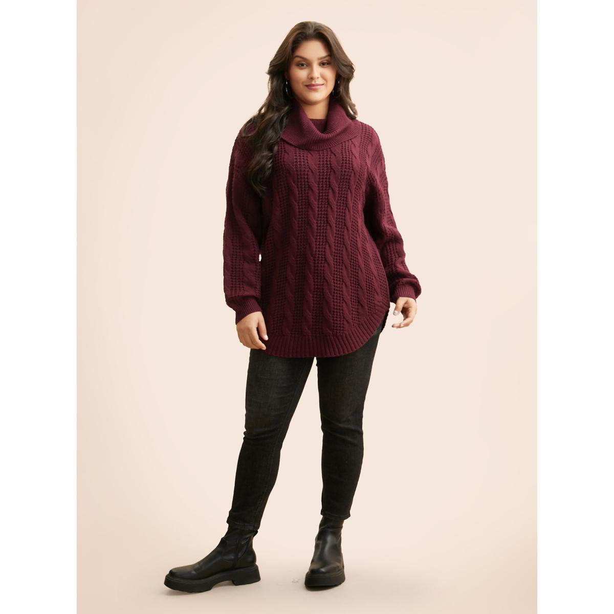 Plus Size Turtleneck Cable Knit Curved Hem Pullover Burgundy Women Casual Loose Long Sleeve Turtleneck Everyday Pullovers BloomChic 12/L Product Image