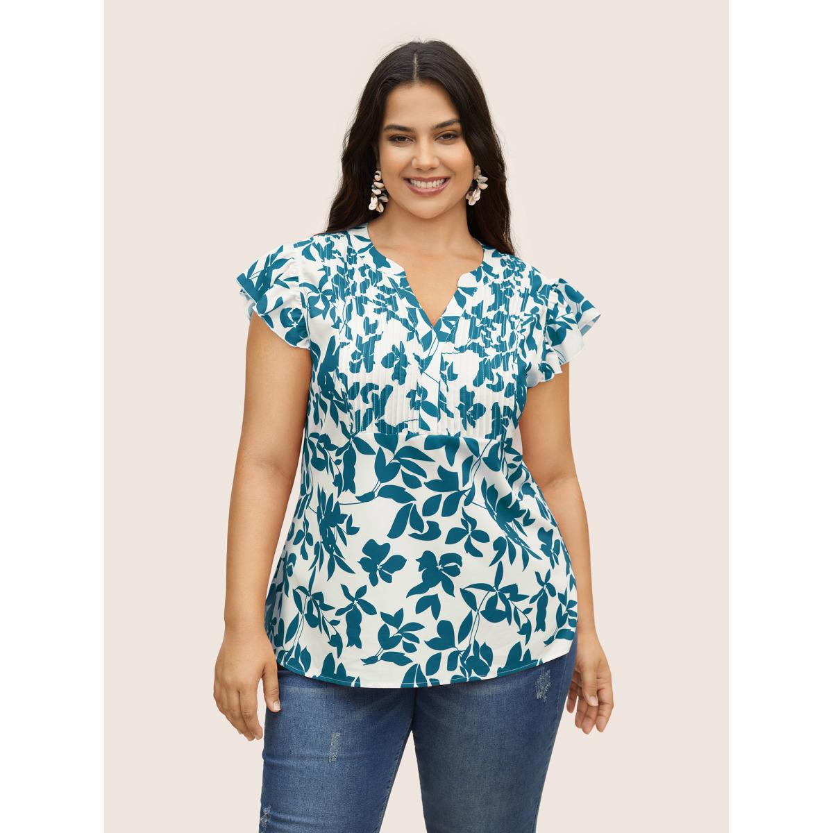 Plus Size Aegean Silhouette Floral Print Notched Collar Pleated Blouse Women Resort Cap Sleeve Notched collar Vacation Blouses BloomChic 14-16/1X Product Image