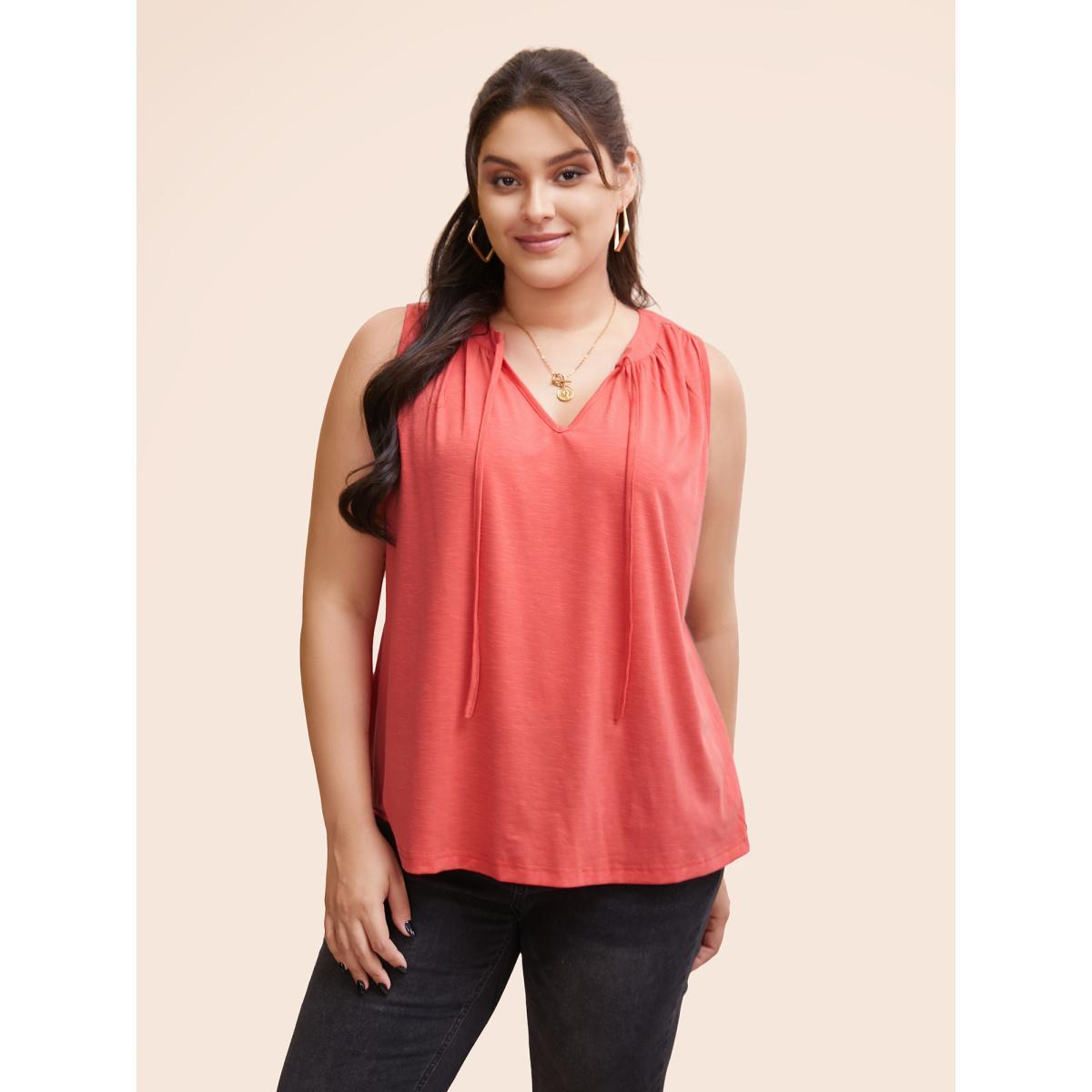 Plus Size Solid Tie Knot Gathered Tank Top Women Salmon Casual Tie knot V-neck Everyday Tank Tops Camis BloomChic 30/6X Product Image