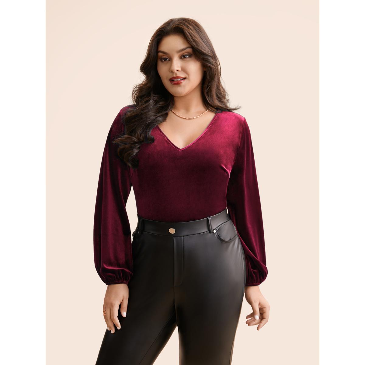 Plus Size Burgundy V Neck Velvet Lantern Sleeve Blouse Women Elegant Long Sleeve V-neck Everyday Blouses BloomChic 30/6X Product Image